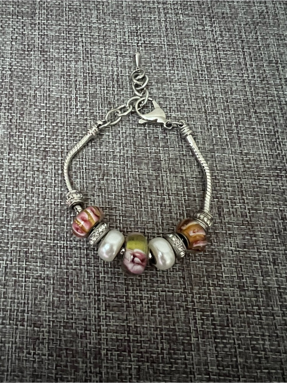 Sterling Silver Bead Charm Bracelet with Pink, Green and Pearl Accents